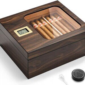 Glass Top Cedar Humidor Cigar Box with Digital Hygrometer Holds 25-50 Cigars